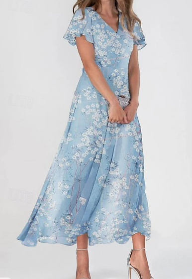 Dames Maxi-jurk A-lijn jurk Elegante dagelijkse date Normale pasvorm Bloemen V-hals Blauw Zomer