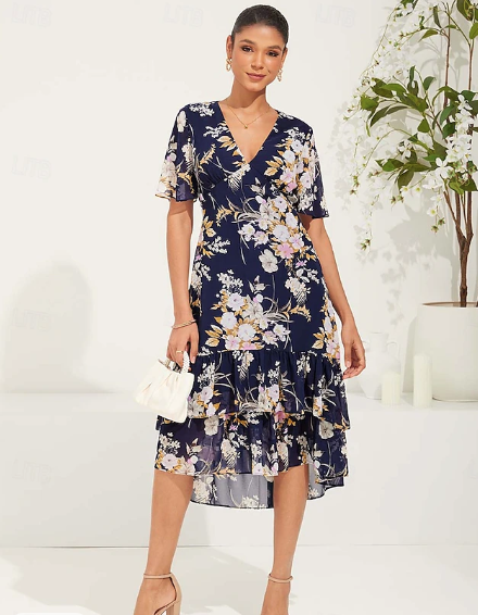 Dames Midi-jurk Chiffonjurk Elegante uitlopende mouwen Vakantie Dagelijkse date Normale pasvorm Bloemen Korte mouwen V-hals Donkerblauw Zomer